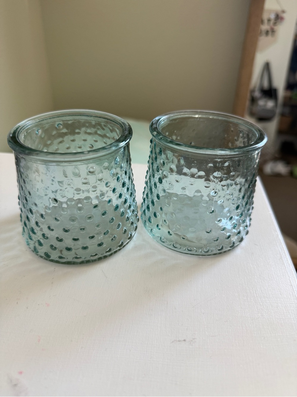 Set of 2 Aqua Textured Glass Votive Holders